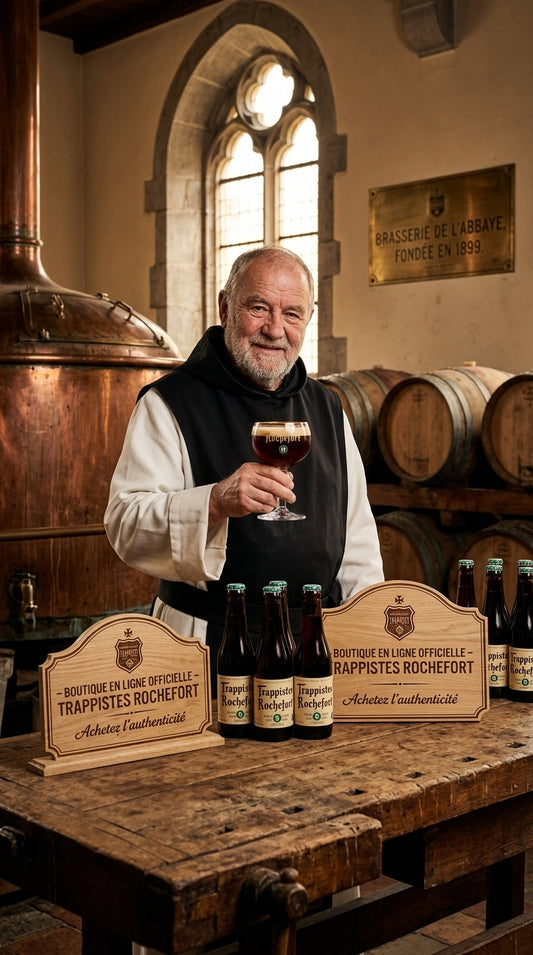 Drei 33cl Flaschen Trappistes Rochefort 10° MW vor Holzfässern mit Glas dunklem Bier und Mönch in Klosterkleidung.