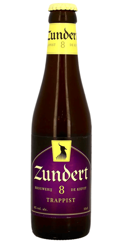 Braune 33cl Flasche Trappistenbier Zundert mit violettem Etikett und gelbem Flaschenhals.
