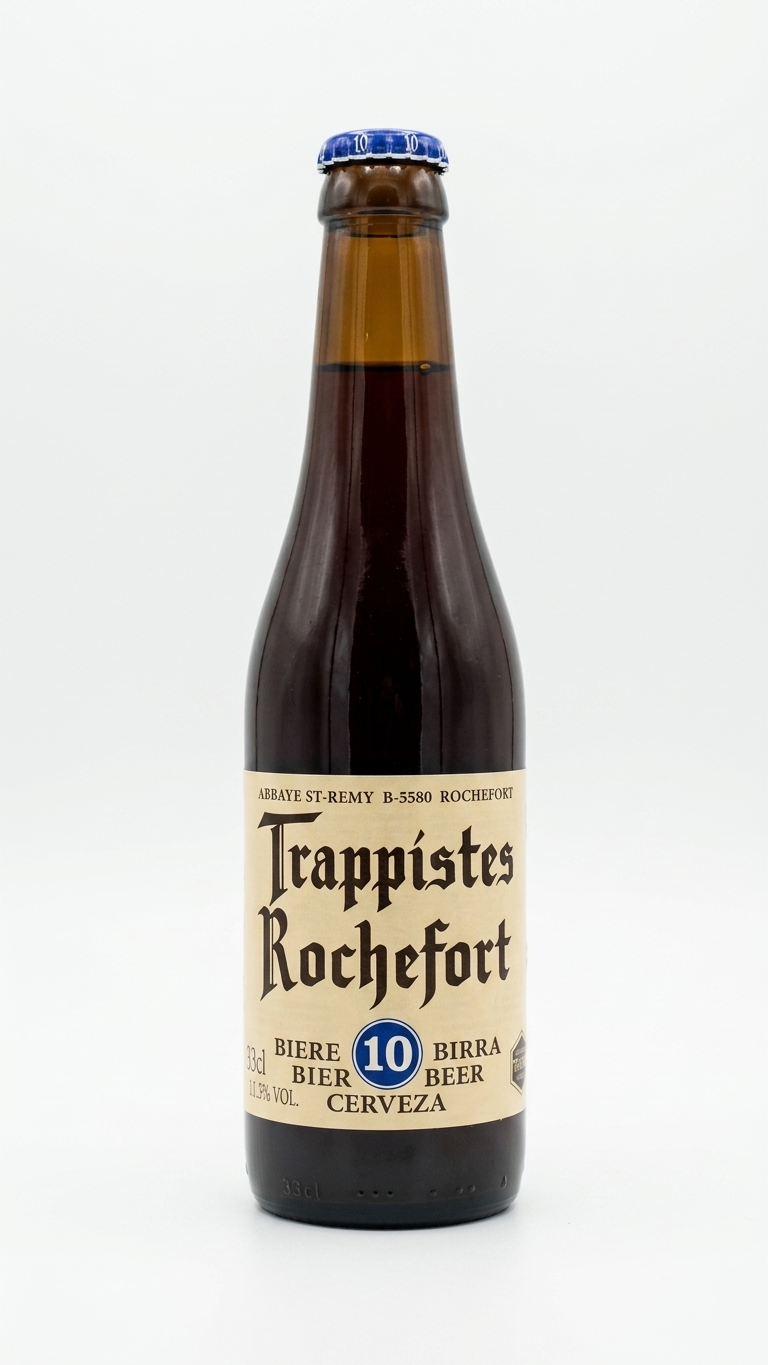 Braune 33cl Flasche Trappist Rochefort 10° Bier mit hellbeigem Etikett und blauer Kapsel.