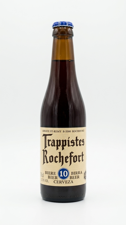 Braune 33cl Flasche Trappist Rochefort 10° Bier mit hellbeigem Etikett und blauer Kapsel.