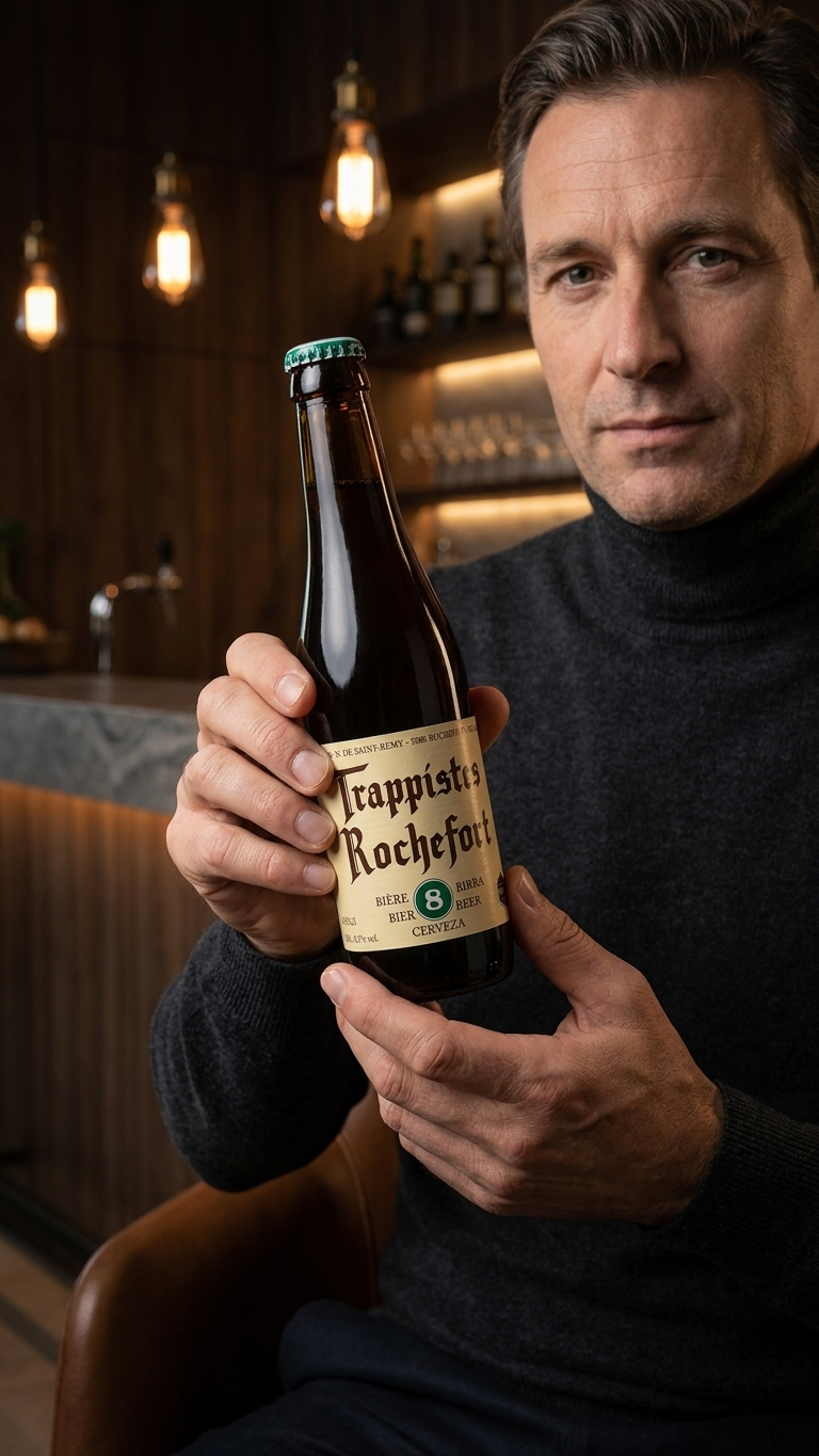 Mann hält Flasche Trappistes Rochefort 8° 33cl mit beige-grünem Etikett in rustikalem Ambiente.