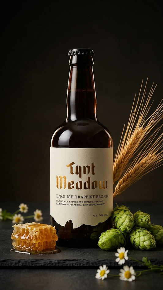 Flasche Mount St. Bernard Tynt Meadow englisches Trappistenblond 33cl mit Hopfen, Honigwabe und Ährengras auf dunklem.