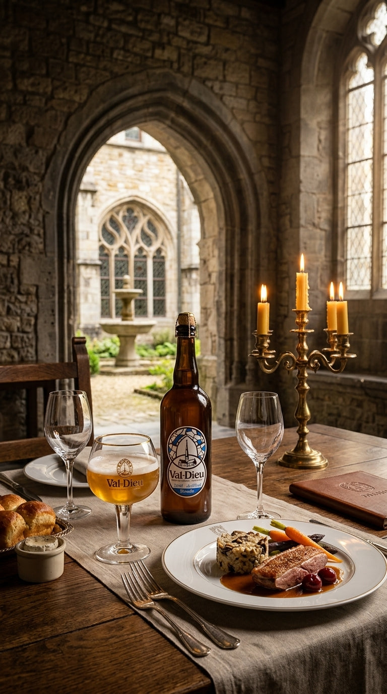 Val Dieu Blonde Bierflasche mit gefülltem Glas neben Teller mit Fleisch und Beilage auf mittelalterlichem Steintisch vor.