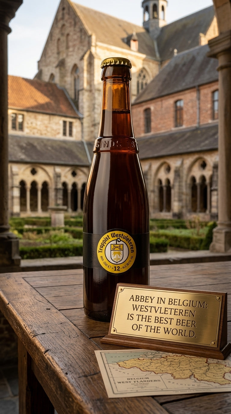 Braune 33cl Flasche WESTVLETEREN 12 Trappist Bier mit gelbem Etikett vor historischer Abtei.