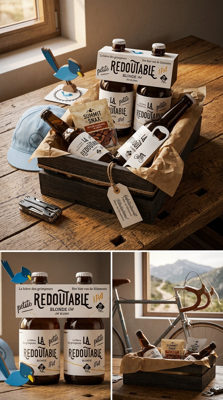 Viererpack La Redoutable IPA Flaschen in minimalistischer weißer Verpackung mit schwarzer Schrift, auf Holztisch mit.