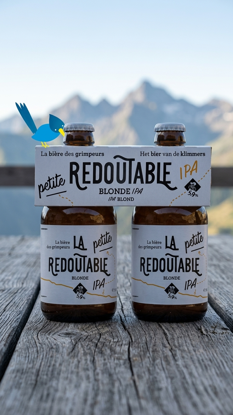 Vier Flaschen La Redoutable IPA Blonde Ale 4er Pack auf Holzterrasse vor Bergpanorama.