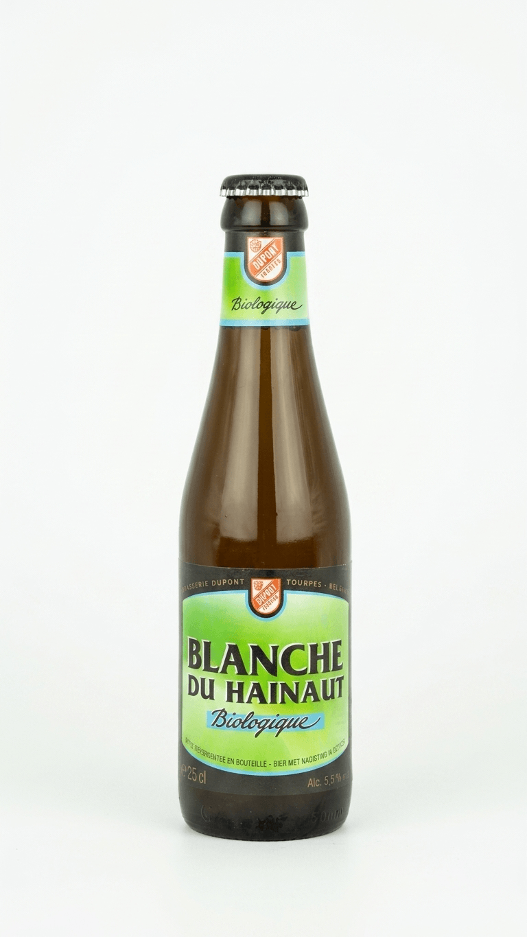 Braune Bierflasche Blanche du Hainaut Biologique 25 cl mit grünem Etikett und Kronkorken.
