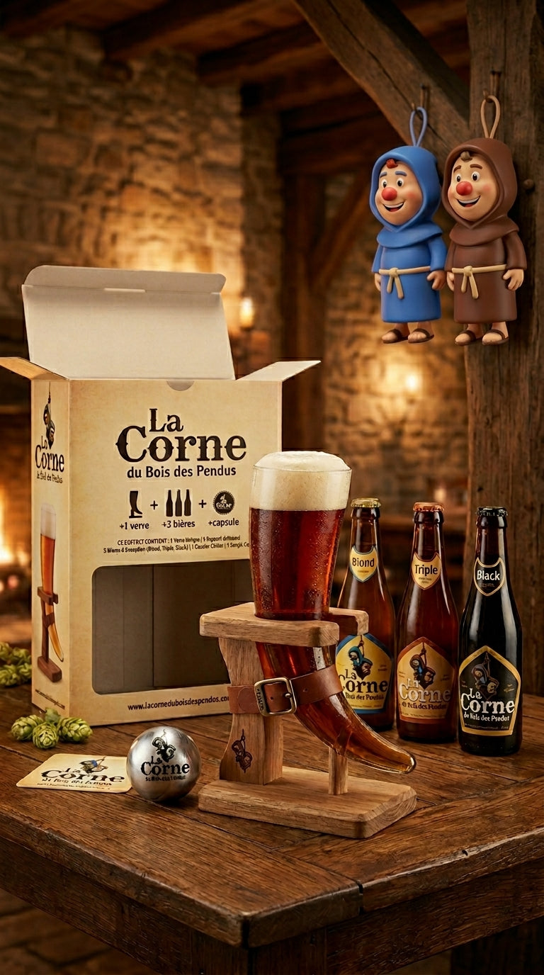 Geschenkbox mit drei Flaschen Bier und einem Bierglas im rustikalen Stil.
