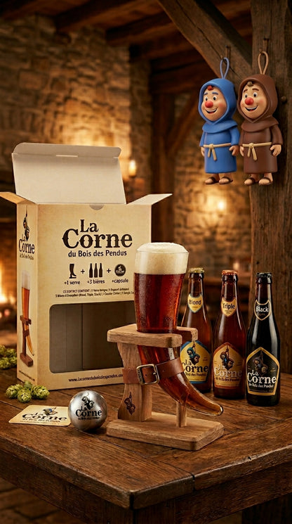 Geschenkbox mit drei Flaschen Bier und einem Bierglas im rustikalen Stil.
