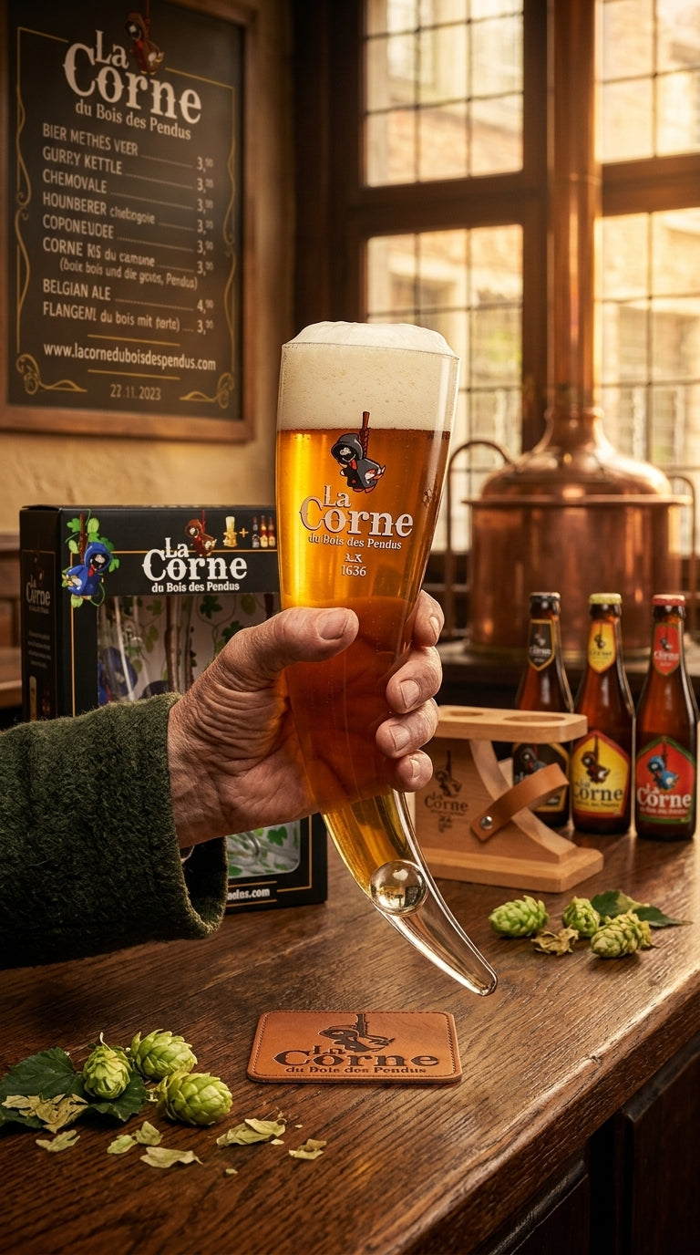 Hand hält La Corne Bierglas mit Schaum vor rustikalem Brauerei-Interieur und Flaschenwerkzeug.