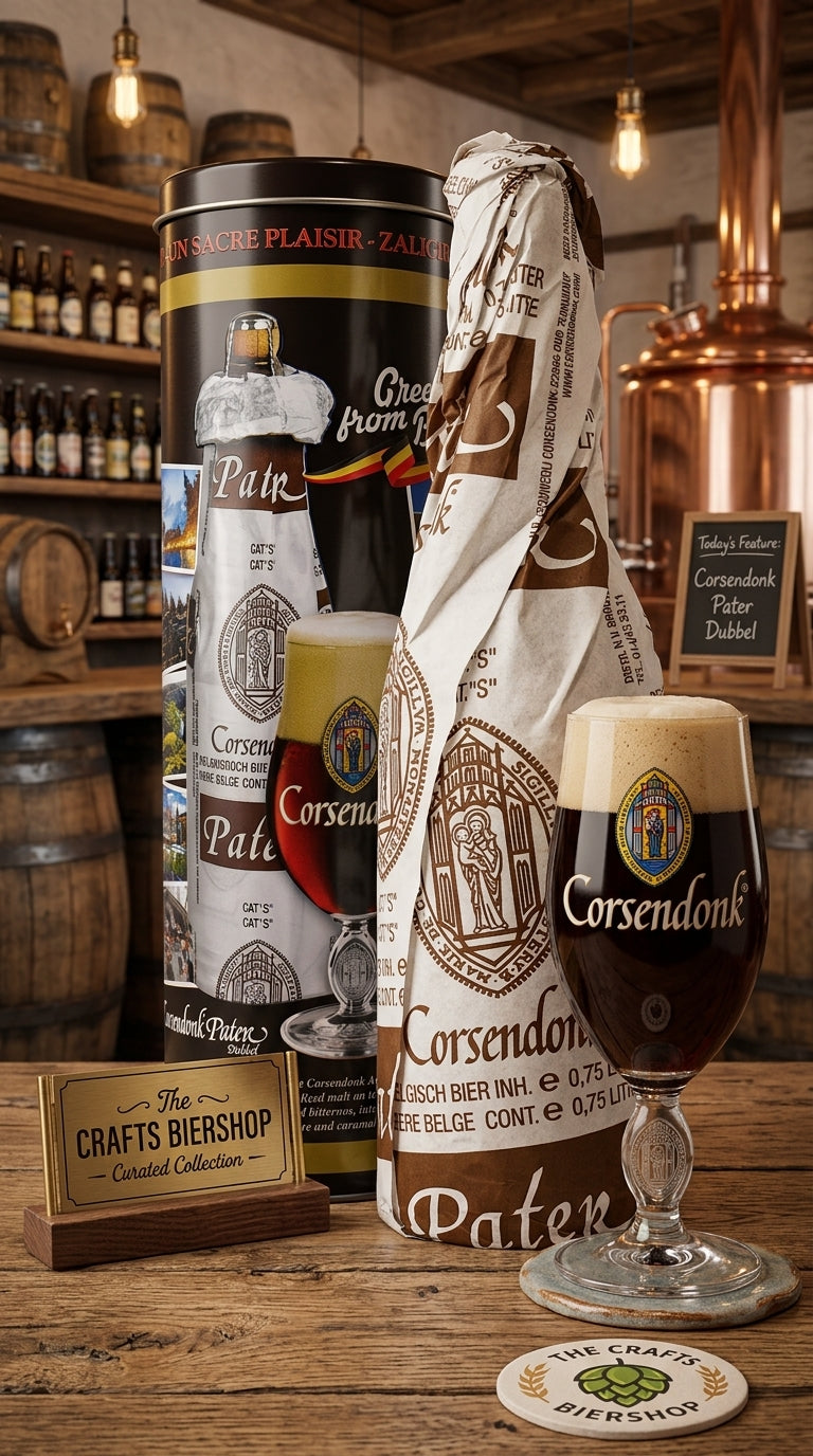 Corsendonk Brune Dubbel Bierflasche mit Geschenkverpackung und Glas in rustikalem Brauerei-Ambiente.