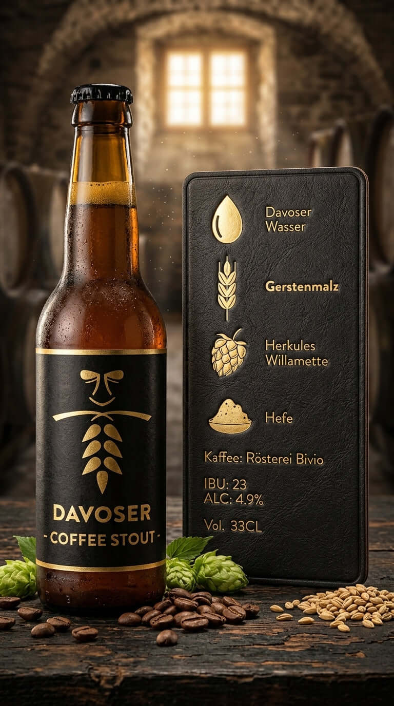 24er Pack Coffee Stout Flasche mit schwarzem Etikett und goldener Schrift, schwarzer Karton mit Zutaten und.