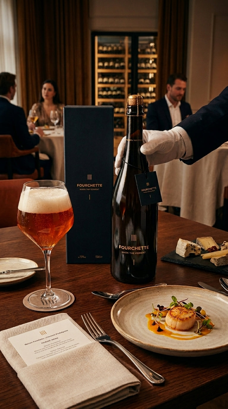 Dunkle Bierflasche mit elegantem Etikett, Glas mit schaumigem Bier und feines Gericht auf gedecktem Tisch im Restaurant.