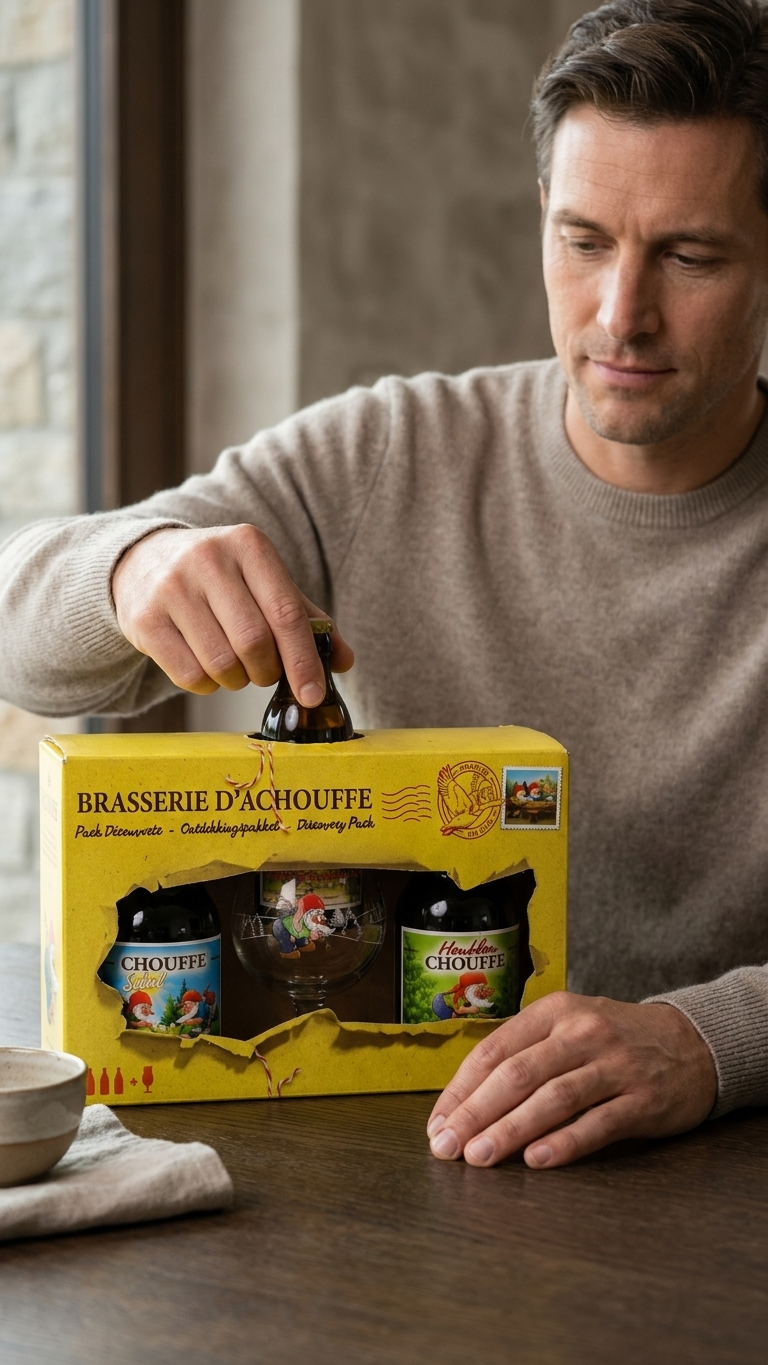 Gelber Geschenkbox mit La Chouffe Bier und zwei Gläsern, Mann formt Kleeblatt auf Box.