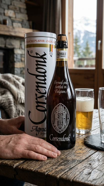 Corsendonk Blonde Tripel Dose und Flasche mit gefülltem Glas auf rustikalem Holztisch vor Fenster mit Bergblick.