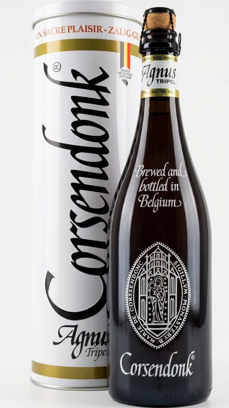 Corsendonk Blonde Tripel Bierflasche braun mit goldener Kapsel und weißer Geschenkverpackung.