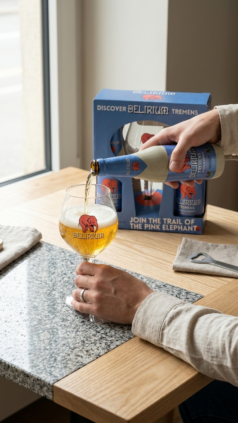 Delirium Geschenkset mit vier blauen Bierflaschen und einem Glas mit rosa Elefanten-Logo auf Granit- und Holzarbeitsplatte.